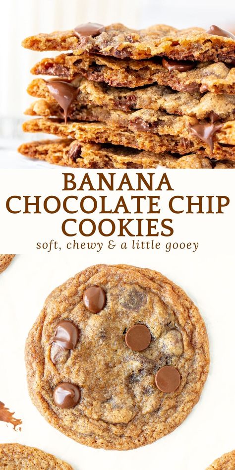 These banana chocolate chip cookies are soft, chewy and a little gooey. They have a delicious banana flavor, a hint of cinnamon and tons of chocolate chips #bananacookies #bananachocolatechipcookies #cookierecipe from Just So Tasty https://www.justsotasty.com/banana-chocolate-chip-cookies/