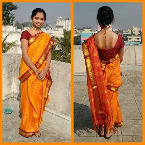 Golden yellow Kanchipuram silk nav_vari saree with maroon blouse and pearl jewellery was a perfect traditional maharashtrian look for the traditional day. #Kanchipuram #yellow #silk #saree #maroon #pearl #chinchpeti #pearlneckless #pearlbangles #pearlgajra #moti #nath #hairupdo #ambada #maharashtrian #konkanastha Nav Vari Saree Look, Yellow And Maroon Saree, Saree With Maroon Blouse, Traditional Maharashtrian Look, Maharashtrian Look, Yellow Silk Saree, Traditional Day, Marathi Saree, Maroon Saree