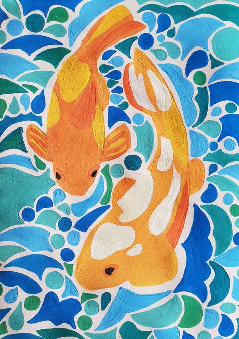 Drawing With Guash Easy, Patchwork Painting On Canvas, Guash Painting Ideas Easy, Summery Paintings Easy, Simple Koi Fish Painting, Guache Art Gouache Painting Easy, Gouache Ideas Easy, Digital Art Ideas Easy, Gouache Painting Ideas Easy