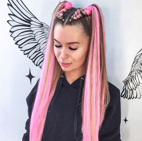 Rave Braids Ponytail, Pink Rave Hair, Two Braids Hairstyle Black Women, Vibrant Hair Color Ideas, Festival Hair Braids, Rave Hairstyles, Rave Braids, Vibrant Hair Color, Festival Braids