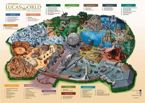 Is this Star Wars Lucas World theme park map fake or leaked? Find out what we know about the new Star Wars Land Disney park expansions. Theme Park Map, Disneysea Tokyo, Park Outfit, Park Aesthetic, Planet Coaster, Historia Universal, Star Wars Disney, Parc D'attraction, Star Wars Movie