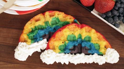 Rainbow Waffles Rainbow Grilled Cheese, Food Rainbow, Rainbow Waffles, Waffle Ingredients, Strawberry Compote, Wakey Wakey, Popsugar Food, Rainbow Food, Giant Food