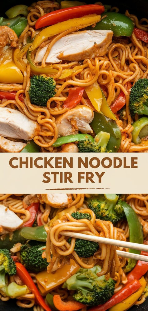 Chicken Noodle Stir Fry – A delicious, one-pan meal featuring juicy chicken, crisp veggies, and noodles coated in a flavorful sauce. This Chicken Noodle Stir Fry is simple to make and even easier to enjoy! Chicken Noodle Stir Fry With Vegetables, Healthy Chicken Stir Fry With Noodles, Chicken Stir Fry Noodles Recipes, Cheap Stir Fry Recipes, Chicken Stir Fry With Spaghetti Noodles, Stir Fry With Noodles Recipe, Rice Stick Noodles Recipes Stir Fry, Easy Chicken Noodle Stir Fry, Leftover Chicken Stir Fry Recipes