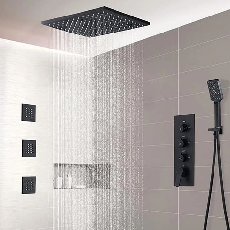 Rain Shower Head Ceiling, Bathroom Wallpaper Inspiration, Bathroom Wallpaper Trends, Bathroom Wallpaper Modern, Ceiling Shower Head, Toilet And Bathroom Design, Cheap Bathroom Remodel, Bathroom Shower Design, Shower Faucet Sets