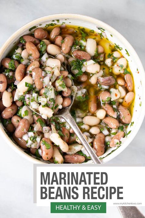 An easy and delicious Marinated Beans recipe. It's perfect to meal prep at the start of the week and enjoy all week long! Such a great lunch recipe or to add to a snack board. Marinated Beans Recipe, Marinated Beans, White Beans Recipe, Easy Bean Recipes, Lunch Dishes, Meatless Dinners, Pinto Bean Recipes, White Bean Recipes, Beans Recipes