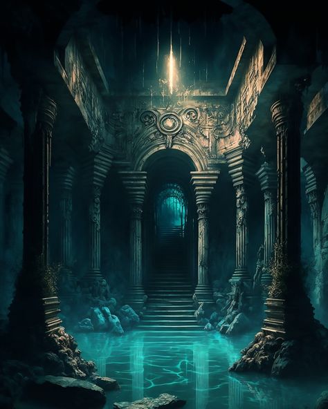 Fantasy Citadel Art, Sea Cave Fantasy Art, Fantasy Dark Landscape, Atlantis Fantasy Art, Cave Lake Fantasy Art, Dnd Landscape Concept Art, Fantasy Realms Aesthetic, Fantasy Location Art, Ruined Castle Fantasy Concept Art