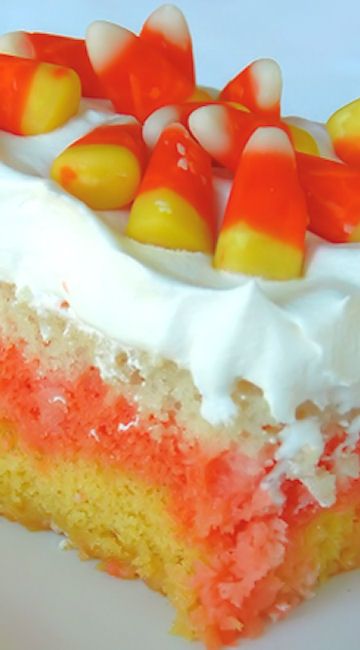 Candy Corn Cakes, Candy Corn Cake, Halloween Food Ideas, Poke Cake Recipes, Corn Cakes, Poke Cakes, Dump Cake Recipes, Poke Cake, Halloween Desserts