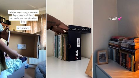 Book lover demonstrates smart use for empty shoe boxes to elevate any limited space: 'This is so genius' Small Sunroom Ideas, Bookshelf Hack, Shoe Box Diy, Small Sunroom, Pottery Barn Style, Tree Curtains, Need More Space, Toilet Paper Storage, Dollar Tree Finds