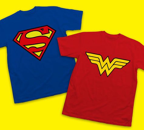 Couples Superman and Wonder Woman Logo T-Shirts Superhero Logo Tshirts, Superman And Wonder Woman, Wonder Woman Party, Super Hero Shirts, Woman Costume, Woman Logo, Wonder Woman Logo, Wonder Woman Costume, Logo T Shirts