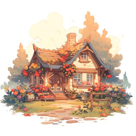 Cozy Cottage with Summer Flowers in Rustic and Cottagecore Style Sticker Cottage Home Drawing, Cozy Cottage Drawing, Cottage Core House Drawing, Cozy Cottage Art, Cottagecore Art Style, Cottagecore Digital Art, Cottagecore Concept Art, Cozy House Drawing, Flower House Drawing