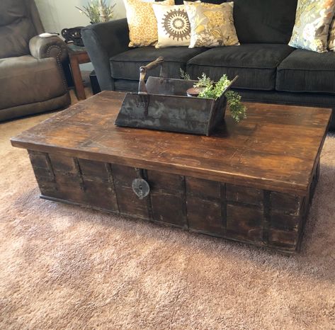 Antique teak and iron trunk makes the perfect coffee table. Steam Trunk Coffee Table, Trunk Coffee Table Living Room, Cottagecore Coffee Table, Cottage Core Coffee Table, Antique Trunk Coffee Table, Moody Cottagecore, Antique Coffee Table, Suitcase Table, Antique Trunks