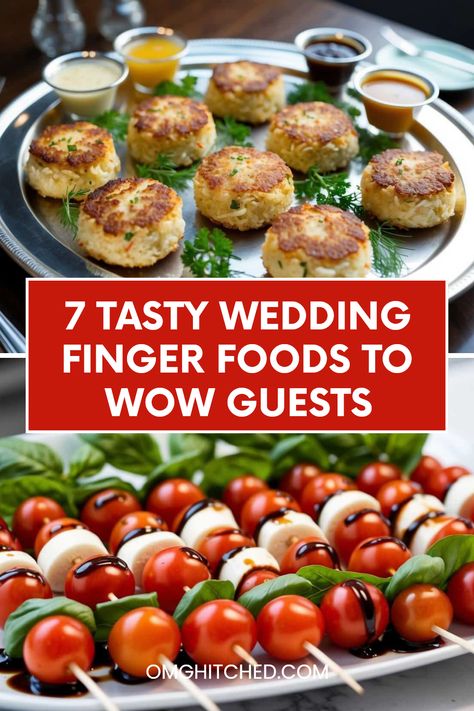 Looking for fun food ideas for your wedding? Check out these 7 amazing finger foods that are sure to make your guests smile! From mini crab cakes sprinkled with tasty garnishes to delicious Caprese skewers with fresh mozzarella and cherry tomatoes, each bite is a real treat. Whether you want something fancy or easy, these choices will add flavor and fun to your special day. Get ready to fill your menu with yummy options that keep your guests munching happy! Don't miss out on these scrumptious bites! Engagement Party At Home Food, Elegant Hor D'oeuvres, Fancy Finger Foods, Reception Finger Foods, Finger Food Wedding Reception, Tomato Mozzarella Skewers, Gourmet Wedding Food, Engagement Party Recipes, Wedding Finger Foods