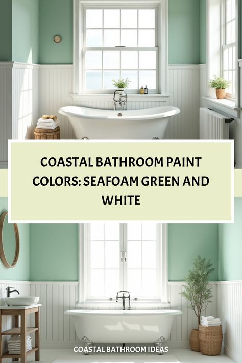 Beachy bathroom design with seafoam walls and white accents Seafoam Green Accent Wall, Coastal Bathroom Paint Colors, Coastal Bathroom Colors, Seafoam Green Bathroom, White Wainscoting, Green Accent Walls, Park Model Homes, Coastal Bathroom, Bathroom Paint