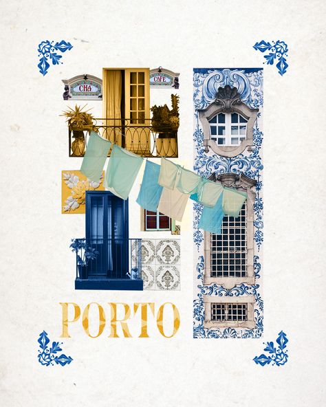 #porto #portugal #collage #digitalcollage #design #graphicdesign #poster #instagram #travelcollage Travel Design Poster, Portugal Design, Portugal Color Palette, Portugal Moodboard, Travel Poster Design Graphics, Collage Travel, Portugal Graphic Design, Portugal Art, Portugal Drawing