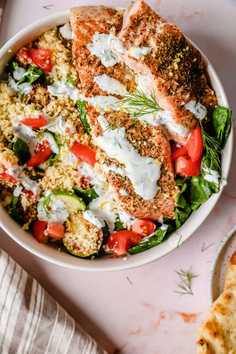 Salmon Tzatziki, Salmon Couscous, Mediterranean Salmon, Couscous Recipes, Salmon Seasoning, Salmon Dinner, Couscous Salad, Baked Fish, Day Of The Week