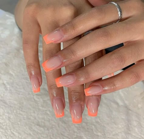 Rain Bow French Tip Nails, Peach Color French Tip Nails, Peach French Tips Nails, Peachy French Tip Nails, Peach French Tip Nails Square, Coral French Tip Nails Square, Orange French Tip Nails Coffin, Orange French Tip Nails Acrylics, Peach French Nails