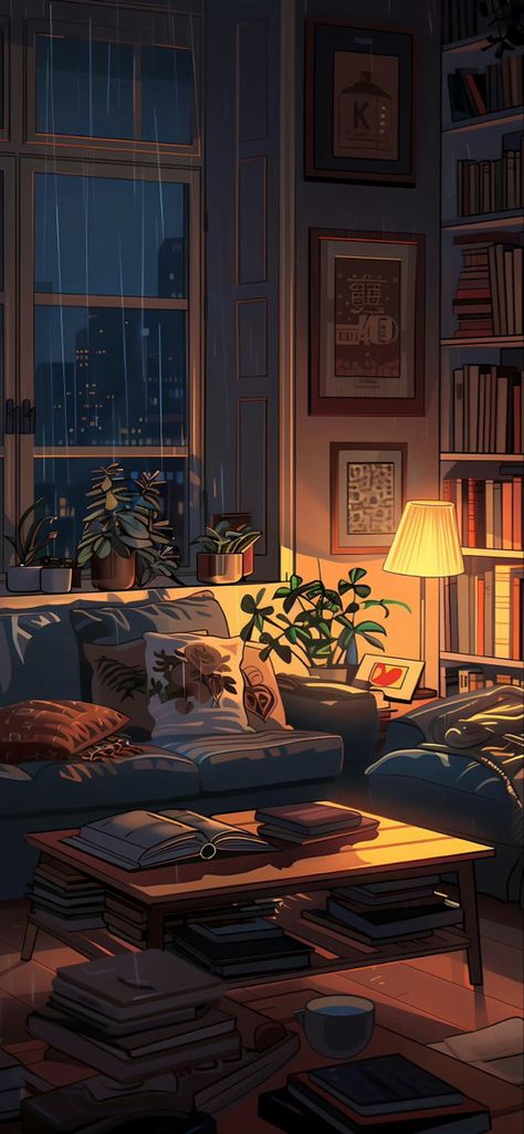 Cozy Homescreen Wallpaper, Cosy Phone Wallpaper, Autumn Lofi Wallpaper, Cozy Home Painting, Lofi Aesthetic Apartment, Lofi Aesthetic Living Room, Cozy Living Room Drawing, Art Critic Aesthetic, Aesthetic Autumn Drawings