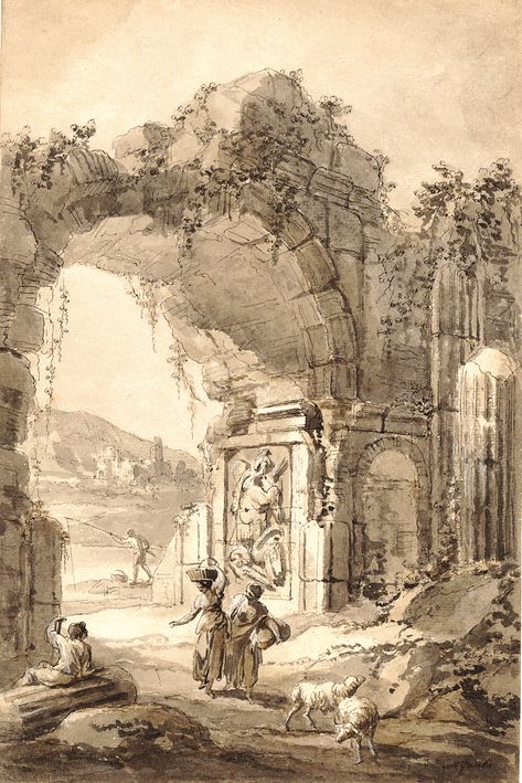 Roman Landscape with Ruins and Figures 1750-1795 by Antonio Zucchi Roman Ruins Painting, Roman Landscape, Greece Movie, Jordan Painting, Greek Ruins, Ruins Architecture, Ancient Roman Architecture, Temple Drawing, Fun Tattoo