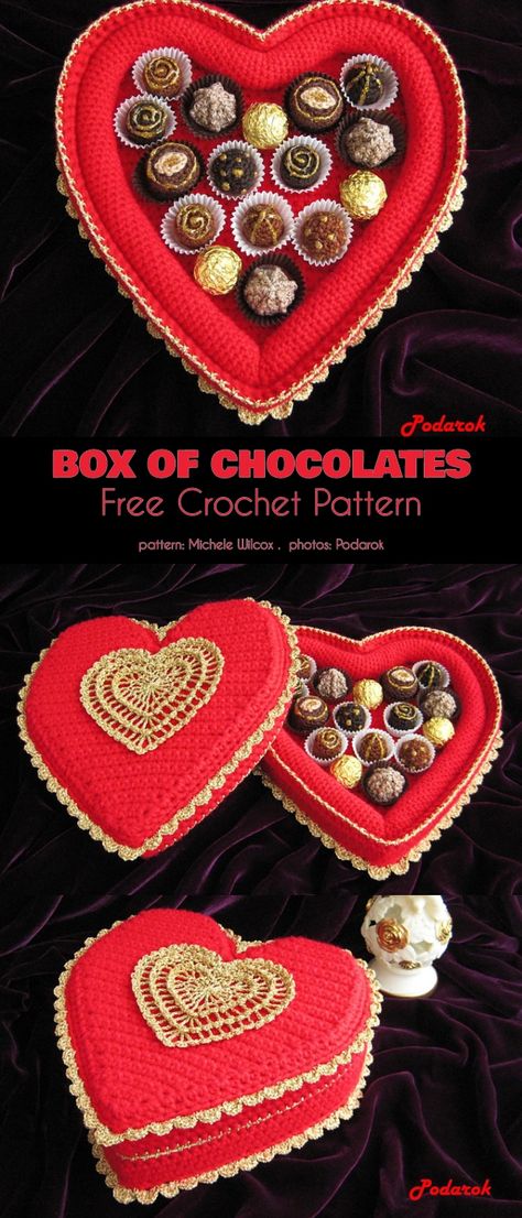 Box of Chocolates Crochet Box Of Chocolates, Crochet Heart Box Free Pattern, Stuffed Crochet, Valentines Day Gift Ideas, Crochet Box, Valentine's Day Gift Ideas, Box Of Chocolates, Valentines Crochet, Valentine Chocolate