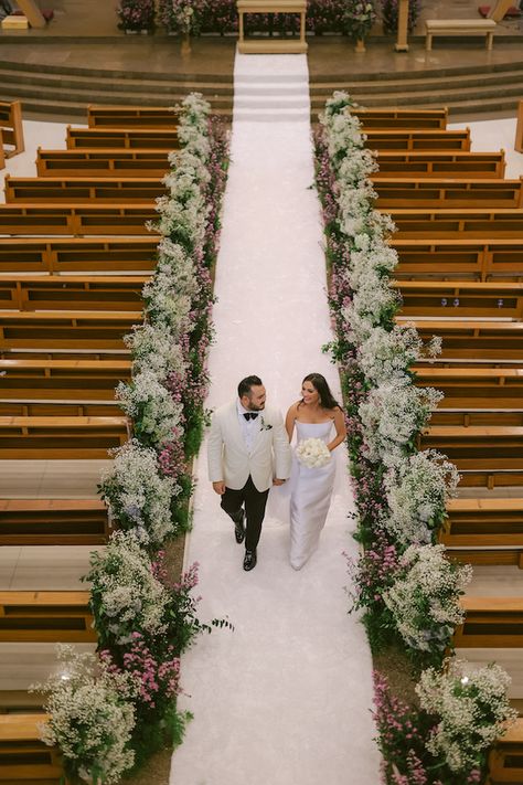 A Tropical Wedding in the Metro | Philippines Wedding Blog Isle Decorations Wedding Church, Church Aisle Wedding Decor, Wedding Alter Ideas Church, Simple Church Wedding Decorations Aisle, Church Wedding Aisle Decorations, Church Wedding Decorations Aisle Entrance, Church Wedding Decorations Elegant, Church Aisle Flowers, Dream Church Wedding