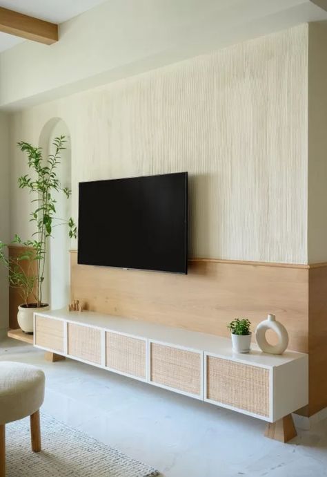 Japandi Tv Unit Design, Bangalore Apartment, Tv Unite, Japandi Style Living Room, Tv Unit Furniture Design, Japandi Interiors, Modern Tv Wall Units, Tv Unit Furniture, Japandi Living