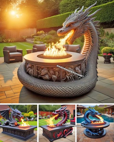 Dragon Fire Pit, Dakota Fire, Yard Accessories, Dragons Lair, Mother Earth Art, Castle House Design, Fire Tables, Dragon Garden, Reptile House