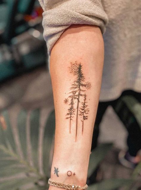 All Seasons Tattoo, Snowy Tree Tattoo, Three Tree Tattoo, Snowy Tattoos, Winter Tattoo Ideas Snow, Three Trees Tattoo, Winter Tree Tattoo, Back Of Forearm Tattoos For Women, Snow Tattoo Ideas