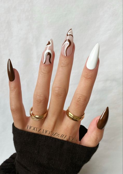 brown nails white nails swirl nails nude nails gel nails gel x nails stiletto nails almond mails simple nails trendy nails clawsxcollxtion Nails Sharp, Full Cover Nail Tips, Fake Nails Long, Sharp Nails, Finger Nail Art, Nagel Tips, Nail Type, Nails Set, School Nails