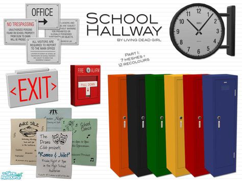 Includes seamlessly tiling lockers, exit sign, fire alarm, flyers, clock and security signs.  No EP required.  Found in TSR Category 'Hallways' Sims 4 Cc Highschool, Sims 4 School Cc, Sims School, Living Dead Girl, School Hallway, School Hallways, Sims 4 Clutter, Dead Girl, Tumblr Sims 4