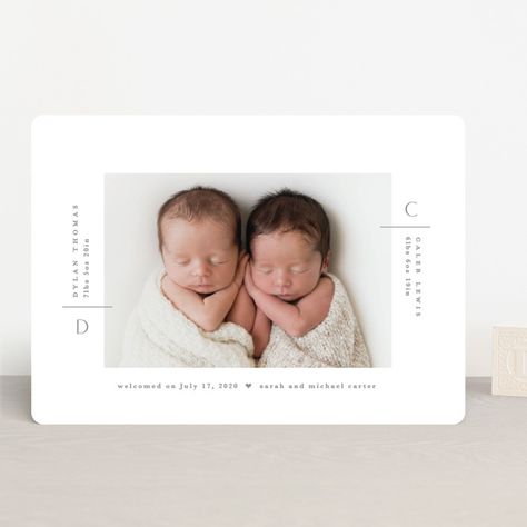 Twin Birth Announcements, Baby Birth Announcement Cards, Baby Branding, Twins Announcement, Nursery Room Themes, Minimalist Portrait, Paper Bag Gift Wrapping, Graduation Greetings, Gift Card Design