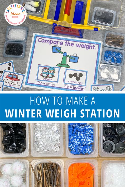 Looking for winter math activities for kids that are fun & hands-on? Check out these winter theme math activities using a balance or bucket scale. These weighing station winter math ideas are perfect for your STEM center or science center, & for your kids in preschool, kindergarten, pre-k, and special education. Tap to learn more about ideas for your kids from Ideas for your snow theme, winter theme, snowman theme, & Valentine's day theme unit and lesson plans in preschool and prek Winter Art Center Preschool, Winter Measurement Kindergarten, Pre K January Activities, Winter Animals Preschool Activities Math, January Provocations Kindergarten, Winter Curriculum Preschool, Snowman Preschool Theme, January Centers For Preschool, Winter Block Center Preschool