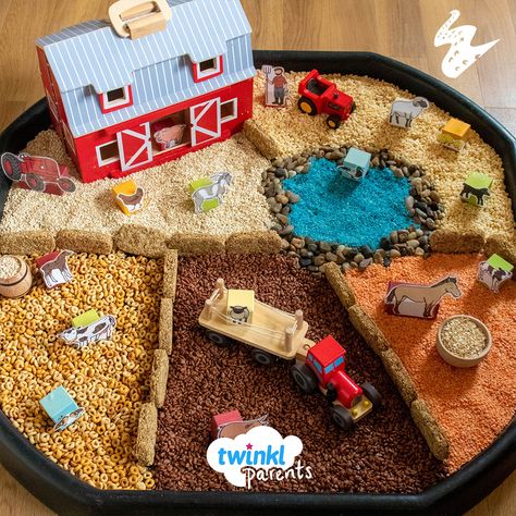 This is a popular play tray idea that also encourages lots of fun learning at the same time.  Create your very own farm using a different type of cereal for each field. Use our farm small world characters alongside any additional toys such as barns or tractors.   When positioning the small world characters, make sure you distance the mummy animals from their babies. Then encourage your children to help pair them up again. Tractor Tuff Tray Ideas, Farm Imaginative Play, Farm Tough Tray Ideas, Tractor Tuff Tray, Farm Messy Play Ideas, Farm Animal Tuff Tray, Farm Tough Tray, Farm Animals Tuff Tray, Farm Animals Tuff Tray Ideas