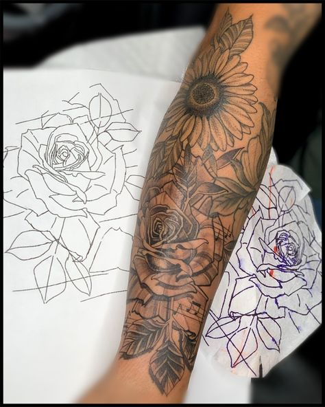 Music And Flower Tattoo, Notes Tattoo, Music Notes Tattoo, Note Tattoo, Music Tattoos, Sunflower Tattoo, Rose Tattoo, Black And Grey Tattoos, Music Notes