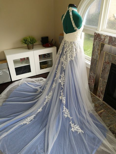 Blue Lace Wedding Dress, Wedding Dress Blue, Wedding Dress Unique, Blue Wedding Dress, Grey Wedding Dress, Boho Wedding Dresses, Modest Wedding Gowns, Sheer Wedding Dress, Custom Gown