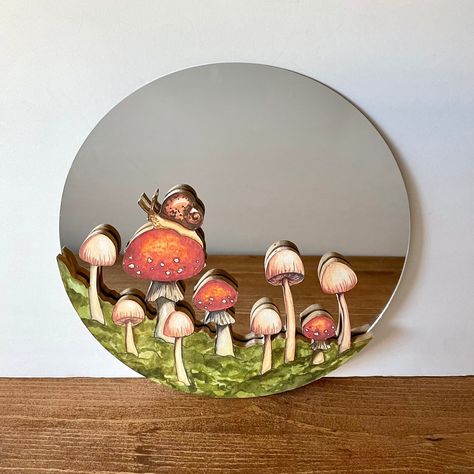 Mirror Watercolor, Mushroom Mirror, Snail Mushroom, Painted Mirror Art, Recycled Paper Crafts, Jewelry Booth, Core Decor, Mushroom Paint, Cottage Core Decor