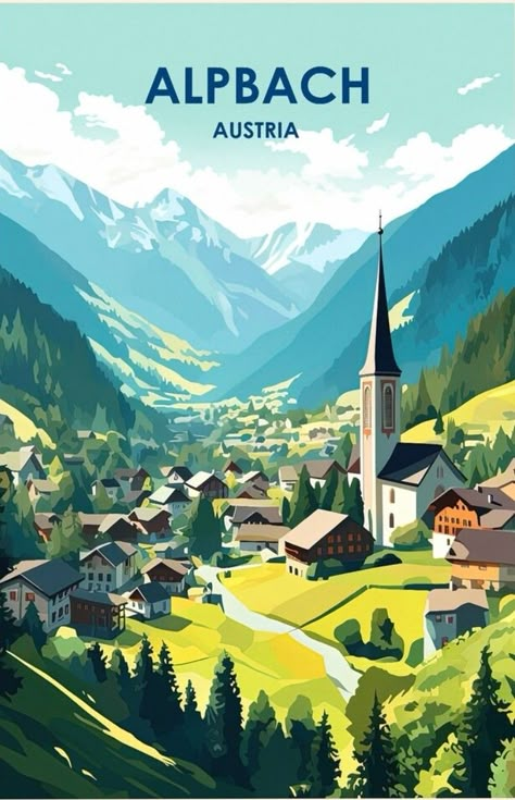 Switzerland Illustration, Austria Illustration, Alpbach Austria, Switzerland Postcard, Vintage Travel Posters Yosemite, Travel Poster Switzerland, Wanderlust Decor, City Cartoon, Travel Poster Design