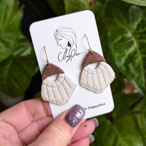 Boho macrame earrings, Cream earrings made from polymer clay, Tassel earrings, Dangle fringe earrings, Faux wood tops, Modern, Hippie, Gift by ClayGeo on Etsy Cream Earrings, Modern Hippie, Boho Macrame, Macrame Earrings, Fringe Earrings, Faux Wood, Earrings Dangle, Tassel Earrings, Polymer Clay Earrings