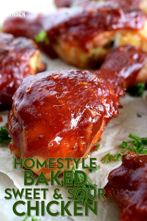 Homestyle Baked Sweet and Sour Chicken is not only easy and inexpensive, it's also super moist, tender, and delicious. Drumsticks and thighs are drenched in a thick and glossy homemade sauce; this crowd-pleasing main will have them begging for you to make it over and over again! #sweet #sour #chicken #bakedchicken #familydinner #easymeals #sweetandsour Yummy Easy Dinner Recipes, Dinner Recipes Baked, Chicken Legs In Oven, Baked Bone In Chicken, Baked Sweet And Sour Chicken, Chicken Delight, Easy Delicious Dinners, Chicken Leg Recipes, Sweet And Sour Chicken