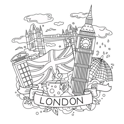 The outline of london travel and tourism... | Premium Vector #Freepik #vector #england #london #british #clock-tower Coronation Scrapbook Ideas, London Coloring Pages, English Drawings Ideas, English Party, Queens Coronation, English Culture, Coronation Party, Paddington London, Linear Illustration