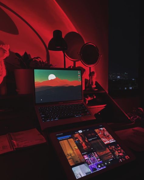 red room set up #redaesthetics #red #desk #darkvibes Red Desk Aesthetic, Red Studying Aesthetic, Study Red Aesthetic, Red Desk Setup, Red Aesthetic School, Red Study Aesthetic, Red School Aesthetic, Red Aesthetic Room, Goals Board