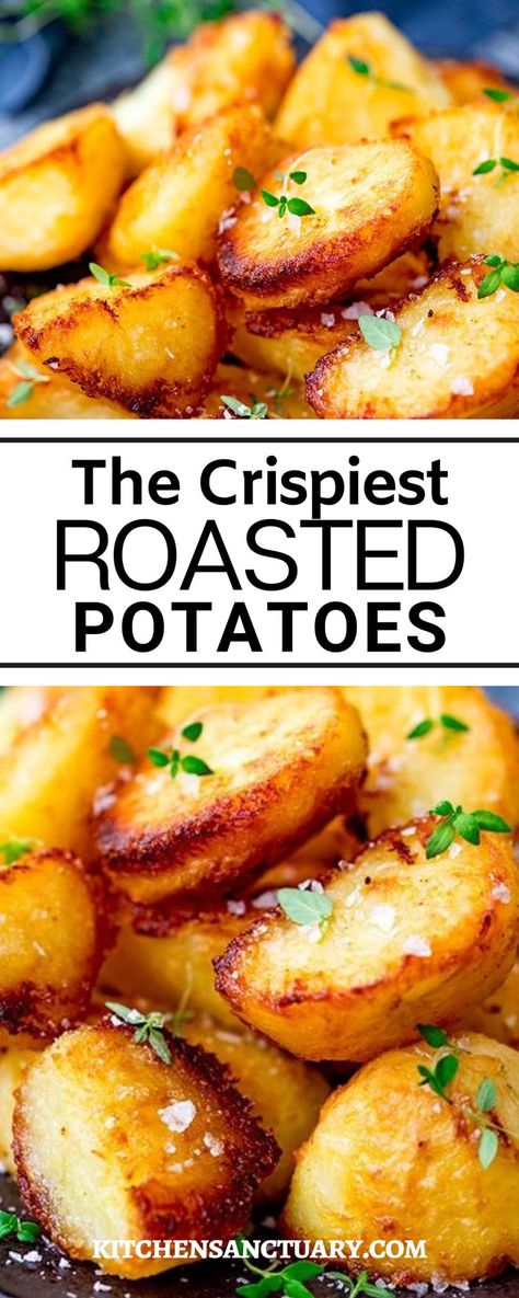 The Crispiest Roasted Potatoes you'll ever bake. When I'm roasting potatoes, I want that crunchy exterior you can only get from fluffing up those edges and letting them bubble away in hot fat, with a fluffy, light interior. And the crispy bits in the bottom of the roasting pan? I want those too. Eaten with a sprinkling of salt flakes. They're the bonus bits. Salty, crispy morsels, that crunch all the way through when you bite into them. Roasted Small Potatoes, Small Potatoes Recipe, Roasting Potatoes, Toasted Potatoes, Easy Roasted Potatoes, Best Roast Potatoes, Perfect Roast Potatoes, Crispy Baked Potatoes, Kitchen Sanctuary