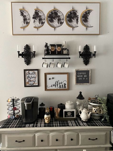 Witch Theme Coffee Bar, Dark Coffee Bar Ideas, Haunted Coffee Bar, Goth Coffee Bar Ideas, Goth Coffee Station, Spooky Coffee Bar Ideas, Witchy Coffee Bar, Gothic Coffee Bar, Goth Coffee Bar