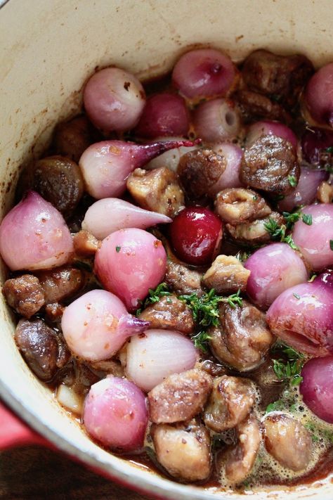 Braised Chestnuts and Pearl Onions | Cooking On The Weekends Pearl Onions, Thanksgiving Sides, Vegetarian Cooking, Onions, Chestnut, Side Dish, Tart, Side Dishes, Gluten Free