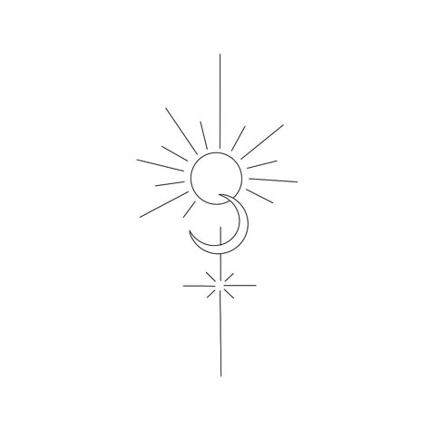 Sun Moon And Stars Tattoo Fine Line, Sun Moon Stars Back Tattoo, Simple Sun Moon Star Tattoo, Sun And Moon Line Drawing, Sun And Moon Stars Tattoo, Sun Moon Star Tattoo Designs, Moon And North Star Tattoo, Sun The Moon And The Stars Tattoo, Dainty Sun Moon Star Tattoo