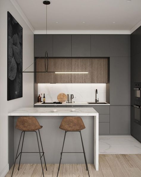 Percept on Instagram: “Another banger to add to the black, brown and white interior collection Visualization by Bodes Studio” Small Linear Kitchen, Brown And White Interior, Aesthetic House Exterior, Archi Design, Linear Suspension, Built In Furniture, Space Interiors, Grey Kitchens, Kitchen Room Design