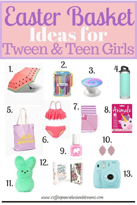 Easter Basket Ideas for Tween and Teen Girls Teen Girl Easter Basket Ideas, Teenager Easter Basket, Teen Easter Basket, Coffee Pancakes, Fun Easter Baskets, Girls Easter Basket, Easter Basket Ideas, Easter Centerpiece, Big Bunny