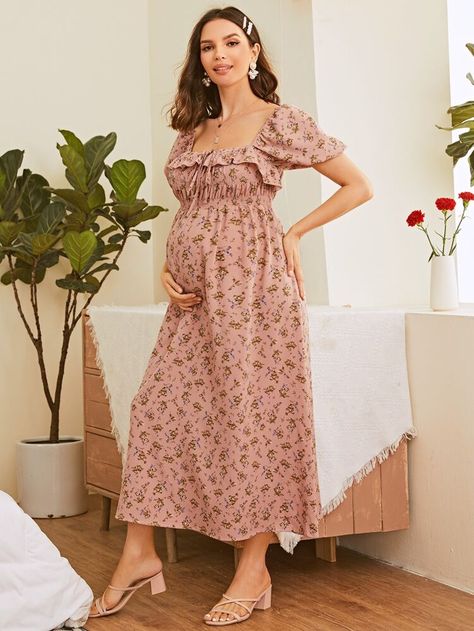 Maternity Puff Sleeve Knot Front Ruffle Trim Floral Dress | SHEIN USA Cute Fall Maternity Outfits, Blue Maternity Dress, Fall Maternity Outfits, Floral Maternity Dresses, Vintage Maternity, Cute Maternity Dresses, Casual Maternity Outfits, Maternity Dresses Summer, Maternity Dresses For Baby Shower