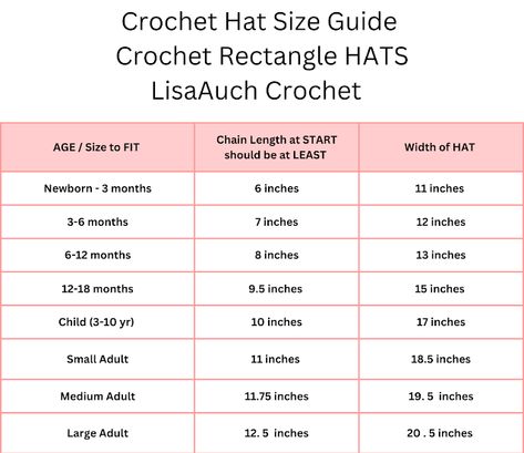 Crochet Hat Size Chart for Crocheting Hats in a rectangle Single Crochet Ribbed Hat, Crochet Hat Size Guide, Beanie Size Chart Crochet, Crochet Ribbed Beanie Size Chart, Crochet Hat Measurement Chart, Hat Sizes Crochet Chart, Crochet Hat From Rectangle, Crochet Beanie Size Chart, Knit Look Crochet