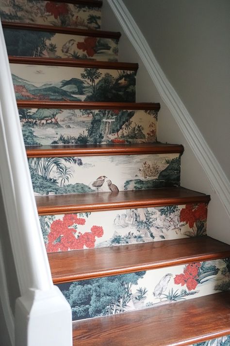 "Transform your staircase with DIY Wallpapered Stair Risers! 🎨✨ Add a burst of color and pattern to your home by updating your stair risers with your favorite wallpaper. A simple project that makes a big impact! 🏡🌟 #StaircaseMakeover #WallpaperDecor #DIYHome" Wallpaper On Steps, Wallpaper For Stairs, Stairs Wallpaper, Stenciled Stairs, Staircase Wall Design, Removing Old Wallpaper, Wallpaper Stairs, Favorite Wallpaper, Staircase Wall