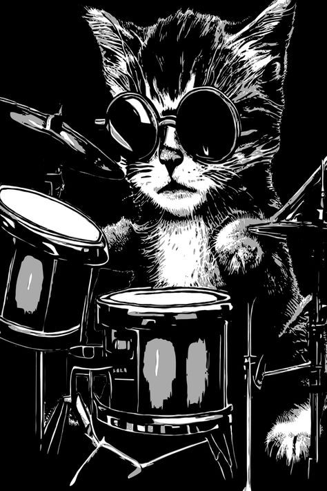 Cool drummer cat artwork. #catlife #catmom #catdad #drummer #drumming Cat Artwork, Dexter, Cat Life, Cat Mom, Drums